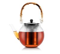 Bodum Teiera a Pressione in Borosilicato Assam, Filtro in Acciaio Coperchio in Silicone e Manico in Bambu', Lt 1.5, Bambou, Transparent, Inox, 16.4 cm