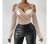 Body A Maniche Corte Con Spalle Scoperte, Incroci Di Pizzo Guipure E Arricciature Per Donne L,M,S,XLColore unicoRaso
