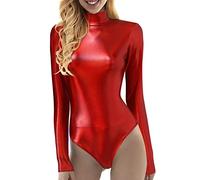 Body a maniche lunghe da donna metallizzato, colore argento metallizzato, slim fit, a maniche lunghe, body glitterato, per carnevale, costume di carnevale, rosso