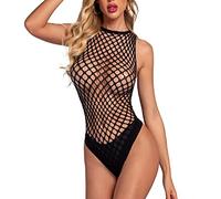 Body a Rete Donna Lingerie Bodydoll in Maglia Bodystocking Elastico Monopezzo, Biancheria Intima Cinturini Pizzo,Tuta Corta Trasparente Bodycon Catsuit Senza Maniche Chemise Camicia Notte (Nero)