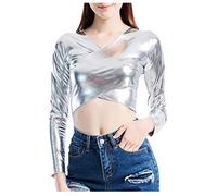 Body argento metallizzato, maglietta da donna con glitter metallici, a maniche lunghe, top lucido, ballo, space girl, costume di carnevale, B05 argento, S