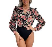Body con Stampa Floreale, Body a Maniche Lunghe con Volant e Patchwork Traspirante in un Unico Pezzo per la Vita Quotidiana (BLACK)