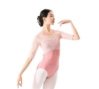 Body da Ballo a Mezza Manica for Donna, Body da Ginnastica in Rete Ricamata, Elegante Body da Allenamento for la Ginnastica, for la Danza per Bambini(Pink,M)