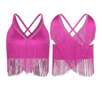 Body da Ballo Latino con Frange Womens Latin Cha-Cha Dance Performance Competition Costume V-Neck Sleeveless Crisscross Back Fringe Crop Top Salsa Rumba Samba(Hot Pink,M)