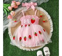 Body da bambina per l'estate con bretelle, decorato con ricamo di fragole e rete, elemento essenziale per l'uso domestico e all'aperto 6-9M,9-12M,12-18M,0-1M,1-3M,3-6MPiantePoliestere