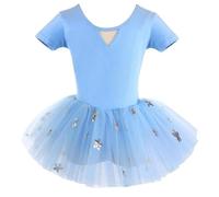 Body da Danza Classica per Bambine, a Maniche Corte, con Fiocco Morbido, Gonna tutù, Abito da Ballerina, Nuovi Abiti 2025,Blu,105