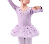 Body da Danza Classica per Bambine, a Maniche Corte, con Fiocco Morbido, Gonna tutù, Abito da Ballerina, Nuovi Abiti 2025,Viola,110