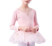 Body da Danza Classica per Bambine, A Maniche Lunghe, con Fiocco Morbido, Gonna tutù, Abito da Ballerina, Nuovi Abiti 2025,Rosa,130