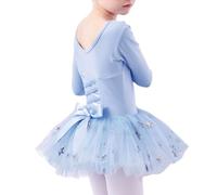 Body da Danza Classica per Bambine, A Maniche Lunghe, con Fiocco Morbido, Gonna tutù, Abito da Ballerina, Nuovi Abiti 2025,Blu,160