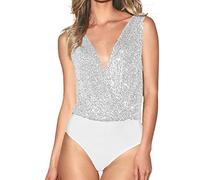Body da danza da donna lucido in metallo, senza maniche, con paillettes, body da donna, con scollo a V, sexy, con paillette, tuta da clubwear, argento, S