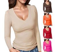 Body da donna a costine con scollo a V aderente aderente tinta unita a maniche lunghe a strati top a maniche lunghe a sbuffo, C-Rosso, L