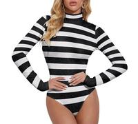 Body da donna a maniche lunghe a righe bianche e nere con dolcevita, stile-3, M