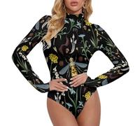 Body da donna a maniche lunghe - Body da donna a collo alto con motivo vespa e fiori, Stile 38, L