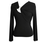 Body da Donna a Maniche Lunghe con Anello Metallico e Scollo Frontale, Vest | Bluse Da Cerimonia Taglie Forti Crop Simpatiche Estiva Bluette Plissettate Bottoncini Originali Fashion Grigi Bebè Tuta