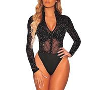 Body da donna a maniche lunghe con strass in rete trasparente con zip frontale body top sexy dolcevita tuta, Nero, S