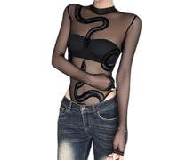 Body da donna a maniche lunghe in rete velata con motivo a serpente trasparente, Beige, Medium