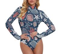 Body da donna a maniche lunghe - Tuta estiva da spiaggia, motivo: stella marina, conchiglia, collo alto, Stile 8, XXL