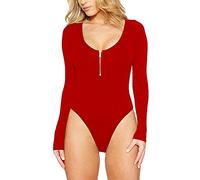 Body da Donna Cerniera Maniche Lunghe Elasticizzato T-Shirt Aderente One Piece Body Top Rosso S