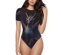 Body da donna con ali arcobaleno Majestic Dragon girocollo a maniche corte da donna, nero/bianco, XXL