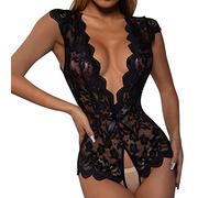Body da donna con pizzo floreale e bordo a conchiglie, elegante pezzo unico per momenti seducenti, morbido materiale elasticizzato, scollatura profonda, schiena aperta, lingerie romantica, Nero , XL