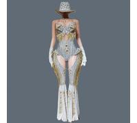 Body da donna con strass scintillanti Set da 4 pezzi Night Party Cowboy Show Outfit Cabaret Carnevale Showgirl Tuta sexy Hongding