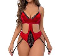 Body da donna in velluto e pizzo - Tuta seducente con cut-out e reggicalze | Delizioso set di lingerie per momenti speciali, Stil_k01 rosso, S