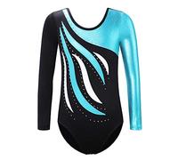 Body da ginnastica per ragazze, a maniche lunghe, luccicante, lucido, per atletica, balletto, danza, 3-16 anni, Nero e blu, 13-14 Years