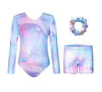Body da ginnastica per ragazze con pantaloncini, set da ginnastica a maniche lunghe e fascia per capelli, 3 pezzi, per danza classica, abbigliamento da ginnastica per bambini da 3 a 12 anni, blu cielo
