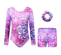 Body da ginnastica per ragazze con pantaloncini, set da ginnastica a maniche lunghe e fascia per capelli, set da 3 pezzi, per danza classica, per bambini da 3 a 12 anni, viola chiaro