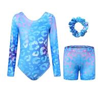 Body da ginnastica per ragazze con pantaloncini, set da ginnastica a maniche lunghe e fascia per capelli, 3 pezzi, per danza classica, abbigliamento da ginnastica per bambini da 3 a 12 anni, blu
