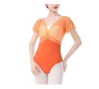 Body Danza Classica Donna Elasticità Body da Danza Classica for Donna, Body in Nylon con giunzioni, Maniche Corte e Pieghe, for Adulti, Finto Due Pezzi, Ginnastica(Orange,Medium 160cm to 165cm)