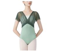 Body Danza Classica Donna Elasticità Body da Danza Classica for Donna, Body in Nylon con giunzioni, Maniche Corte e Pieghe, for Adulti, Finto Due Pezzi, Ginnastica(Green3,XX-Large 175cm to 180cm)