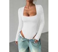 Body Donna Manica Lunga Collo per Slim Fit Elasticizzato Body | Collo elegante, vestibilità slim, tessuto in poliestere traspirante e leggero per il giorno(White XL)