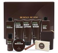 BODY & EARTH Set regalo da uomo in legno di sandalo, set da 10 pezzi con olio per barba, balsamo e porta biglietti da visita e altro
