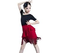 Body Estivo A Maniche Corte per Ragazze Latino-Americane E Gonna con Orlo A Nappa per Bambini Latino-Americani per Allenamento di Rumba, Samba, Cha Cha E Tango, Black, 110