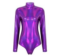 Body glitterato a maniche lunghe da donna, in pelle lucida, collo alto, a maniche lunghe, per balletto, ginnastica, danza, ginnastica, body con pantaloncini, tuta da rave, party, club, costume da