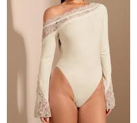 Body in colore unito, elegante e sexy, con inserti in pizzo asimmetrico e maniche a campana, adatto per la stratificazione in autunno/inverno, body in maglia sexy, adatto per uscire, appuntamenti roma