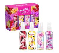 Body Mist By SO…? - Set regalo con mini nebulizzatore per il corpo, con velluto rosso, vaniglia, zucchero filato e pisello dolce, set spray profumato (4 x 50 ml)