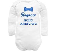 Body neonato divertenti puro cotone made in Italy frase ragazze sto arrivando con papion (Body manica lunga frase azzurra, 0-3 mesi)