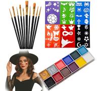 Body Painting, 12Colori Truccabimbi Kit Anallergici Atossici con 10 Pennelli 6 Stencil, Trucca Bimbi Professionali, Face Painting Bambini per Halloween, Carnevale, Pasqua, Natale