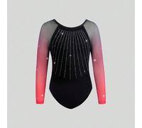 Body per ginnastica per ragazze pre-adolescenti con manica lunga, in tessuto a rete sfumato con decorazioni in strass, elastico a quattro vie, alto per fitness, sport all'aperto, danza, yoga, ginnasti
