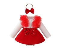 Body Ragazza Bambino Pizzo Maniche Lunghe Tutina Abito Fascia Insieme Ruffle Nastro Tulle (3-18M) Maglia Cotone, rosso, 9-12 mesi