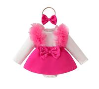 Body Ragazza Bambino Pizzo Maniche Lunghe Tutina Abito Fascia Insieme Ruffle Nastro Tulle (3-18M) Maglia Cotone, rosa acceso, 9-12 mesi