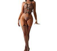 Body sexy da donna, in rete, con reggicalze e tre cuori, strass, sexy, fishnet, body a rete, body da donna, Nero , Taglia unica