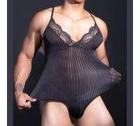 Body Uomo per trasparente Pizzo Nero Elasticizzato Maniche Body