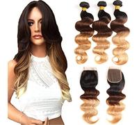 Body Wave Ombre Capelli umani brasiliani 100% non trasformati Fasci di capelli vergini Remy (3 bundles+closure, 20 22 24+18 closure)