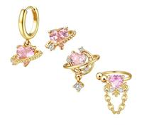 BodyBonita 4 Pezzi Orecchini in Delicati per Donna - Orecchini in Argento Sterling Ipoallergenici per Cartilagine a Cerchio con Cuore Rosa Universo Placcati in Oro 18 Carati