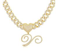 BodyBonita Collana con ciondolo iniziale in oro corsivo Iced Out Miami Cuban Link Chain per donna 18K placcato oro Lettera dell'alfabeto Ciondolo Choker Catena Hip Hop Gioielli alla moda Rapper