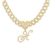 BodyBonita Collana con ciondolo iniziale in oro corsivo Iced Out Miami Cuban Link Chain per donna 18K placcato oro Lettera dell'alfabeto Ciondolo Choker Catena Hip Hop Gioielli alla moda Rapper