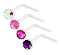 Bodyjewelrytrend - 4 piercing da naso a forma di L, 20 g, 0,8 mm, in acrilico flessibile e materiale non metallico, colore: Aurora Boreale, rosa, fucsia, siam chiaro., cod. NSL BF A021 0.8x2.5m L4 AB RO FU LSI